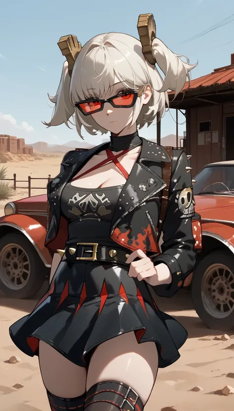  1girl,One,_ZZZ,  Short hair,  short double tails,  hair ornament ,  facing the viewer , very sexy, erotica,  leans forward ,  sunglasses , on the head , desert area,  against the background of an abandoned gas station, White,  Short hair,  short double ta...