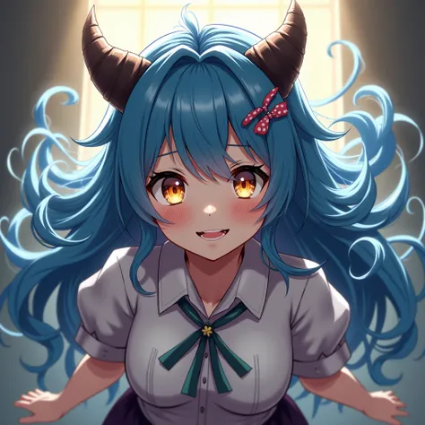  a girl, breasts,  High resolution, Alone,  long hair , smile, Ojos rojos,  Animal ears, Love, cabello muy largo,  blue hair,  yellow eyes, Horns,  Pointy ears , throw, orejas de lobo,  masterpiece,  High resolution,  masterpiece, HD model, Braid, cabello ...