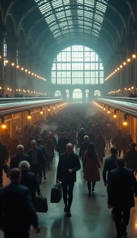 a busy train station, crowded train platform, people rushing, trains arriving and departing, luggage, announcements, architectural details, steel and glass structures, industrial lighting, steam, motion blur, dynamic composition, cinematic atmosphere, high...