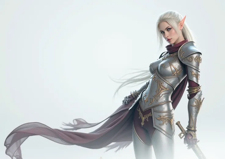 a female elven blood knight, highly detailed armor, intricate sword, flowing red cape, beautiful detailed eyes, beautiful detailed lips, extremely detailed face and skin, long flowing hair, dynamic pose, dramatic lighting, cinematic composition, fantasy ar...