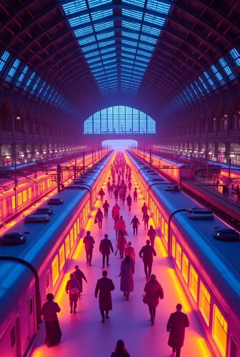 a busy train station, thermal imaging, realistic, detailed, ultra-detailed, 8k, hyper-realistic, cinematic lighting, dramatic lighting, dramatic colors, dramatic shadows, glowing heat signatures, people rushing, trains arriving and departing, architectural...