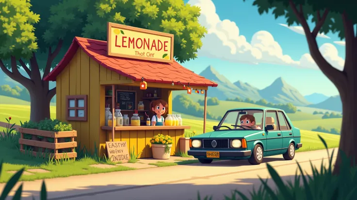 joel stopped car  near the girl who sell lemonade stand by the side of the road 