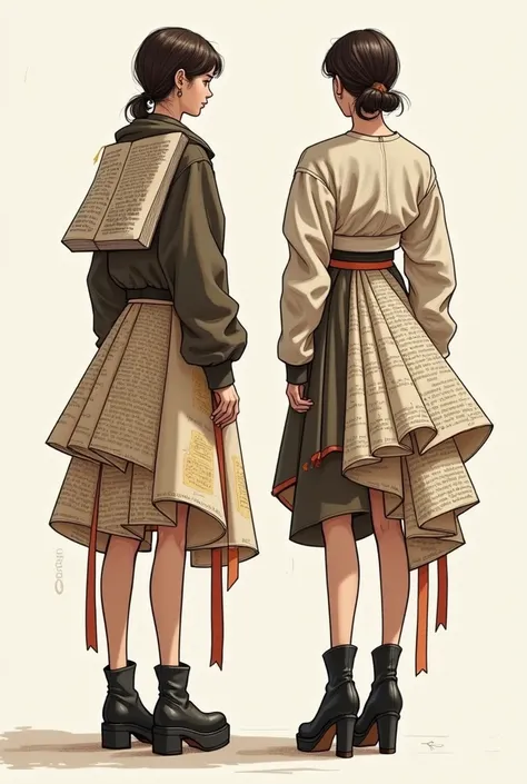  Full-length sketches on a theme :  Youth avant-garde clothing for relaxing in the library . 
	1.	Top :
 A cropped loose-fitting jacket with an asymmetrical hem ,  resembling an open book .  On the back there is a print of pages , , the shoulders are decor...