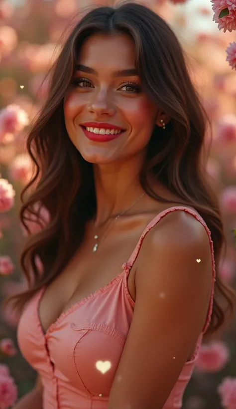 Satisfied smile, Light blush,  Raised eyebrows,  red lips, seductive smile,  heart in the eyes, Cabello largo, Pechos, Plano general, Bloom, Rayos de Dios, Cinematografía, 