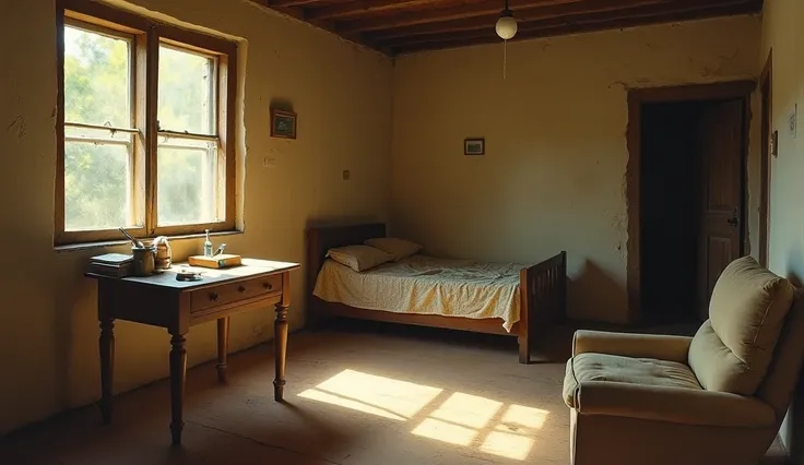 "The interior of a humble, disordered rural house in 1970s Argentina, illuminated by the soft daylight streaming through a window on the left side of the room. The light filters in, creating gentle, dappled patterns on the worn wooden floor and casting a w...