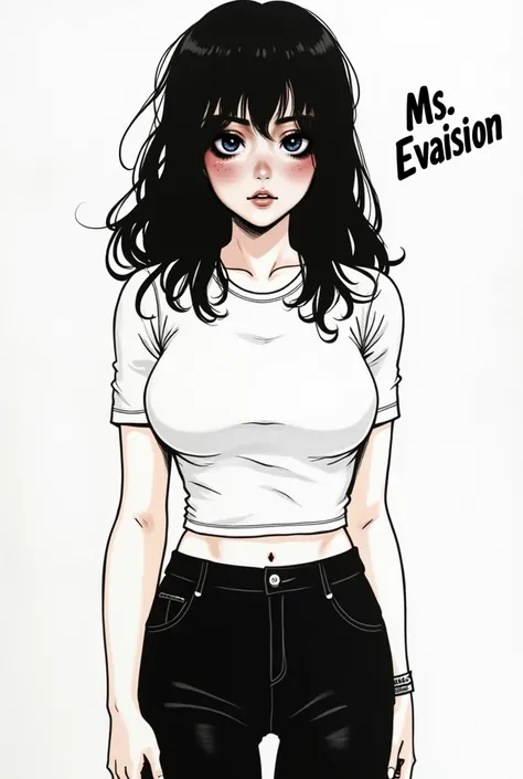 In the style of Junji Ito, Junji ito Manga type image, girl, tight white crop top, black leggings, afraid, medium length hair, long bangs, text in the corner says "Ms. Evasion" in fancy text 