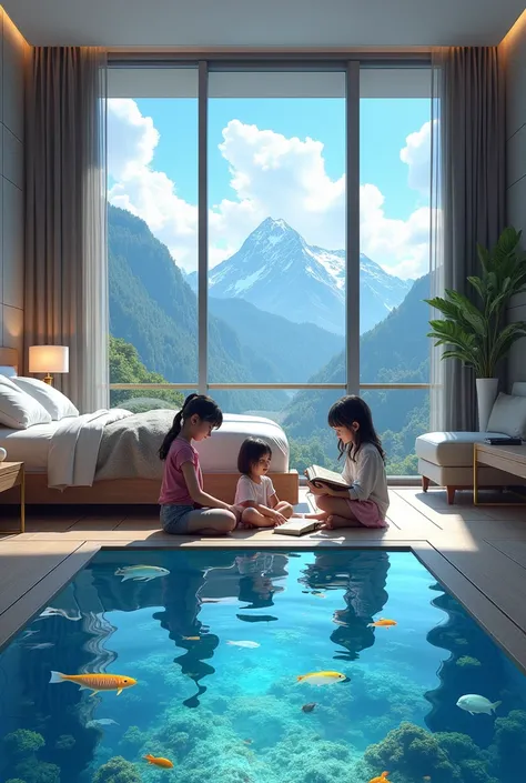 A spacious bedrooms with aquarium inside the floor whic closed by glass floor,many fish in the  floor aquarium, modern luxury room,  have windows with full glass, mountain view outside, 3 small girl, playing and learning togethe on the floor, read aloud, r...