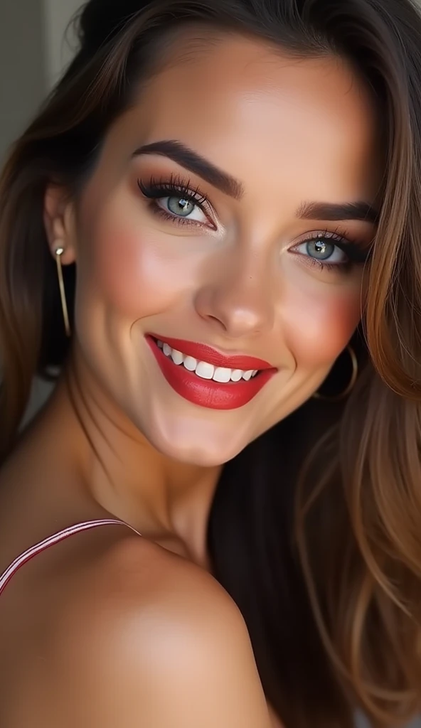 Satisfied smile, Light blush,  Raised eyebrows,  red lips, seductive smile,  heart in the eyes, Cabello largo, Pechos, Plano general, Bloom, Rayos de Dios, Cinematografía, collor full glitter make up, 