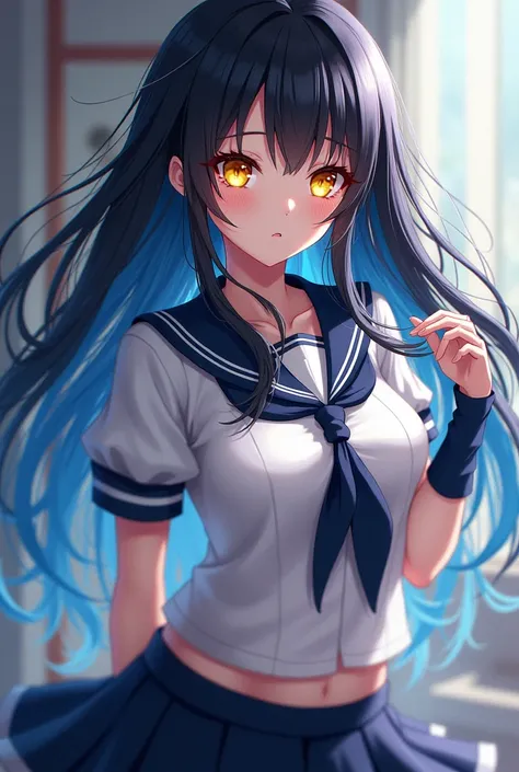 Anime girl, black blue hair, yellow eyes, sailor suit, D-cup chest, 