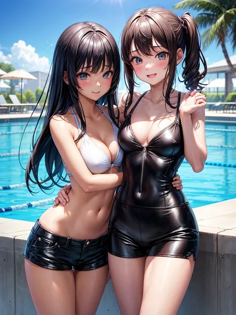  female middle school student， beautiful girl，bikini、 swimsuit，Pool，複数 girls nudeが描かれています。Theyre hugging 。masterpiece， best quality， Tight Waist， leather shorts ，１０ girls nude， super high definition ， Horny Girl ， horny girl ，Harem，perfection，Big Breasts