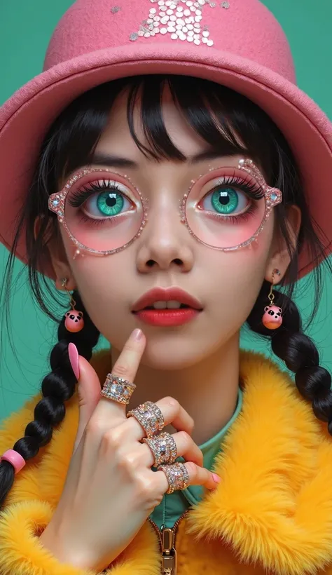  Close-up of a person wearing a hat with pink sequins and shiny glasses and round colored glasses She wears her index fingers close to her mouth, Put your lips as if you were going to kiss painted with pink glitter  ,  on her fingers she wears rings she we...