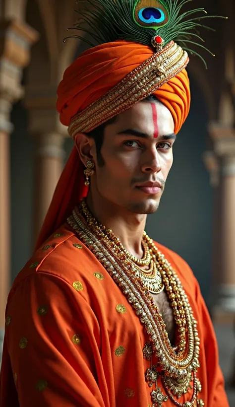 A half-body portrait of a handsome prince of India, inspired by Hindu aesthetics and mythology, wearing an orange turban adorned with a single peacock feather. The prince has white tone skin, slightly blue eyes, and a soft yet masculine appearance. His for...