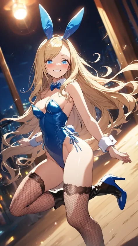 1 girl, Game CG, Dutch Angle, cowboy shot, dynamic pose, drunk, red cheek, 
(blond Hair, straight long hair, Right-side parting bangs, Beach waves hair, blue eyes, Clear eyes,)
(playboy, Bunny Girl, Leather Material, High leg,  Blue Bunny Girl, Sleeveless,...