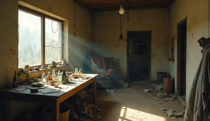 "The interior of a chaotic and rundown rural house in 1970s Argentina, bathed in the harsh light of day pouring through a grimy window on the left side of the room. The windows glass is streaked with dirt, diffusing the sunlight into uneven patterns that f...