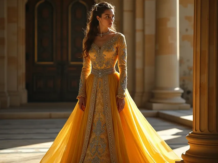  Her dress was a masterpiece of craftsmanship ,  made of a golden and light fabric ,  but adorned with intricate embroidery on silver threads that told stories of kings and queens of their lineage.  Each detail seemed to scream responsibility ,  from the l...