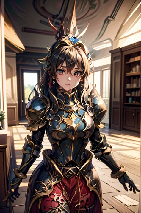 A beautiful girl in armor walking near a lake, anime girl, tiara helmet, armour, (red and black armour:1.3), mountain, big rounds breasts, ponytail, hairclip, hair ribbon, glowing eyes, pupils sparkling, longeyelashes, earrings, blush, intimidating look, g...