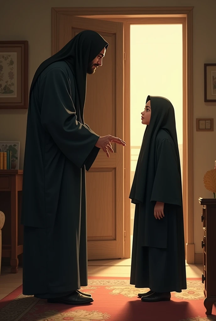 The father agrees to her request: The father, with a composed demeanor, nods his head and gestures towards the door, giving her permission to go out without the burqa.