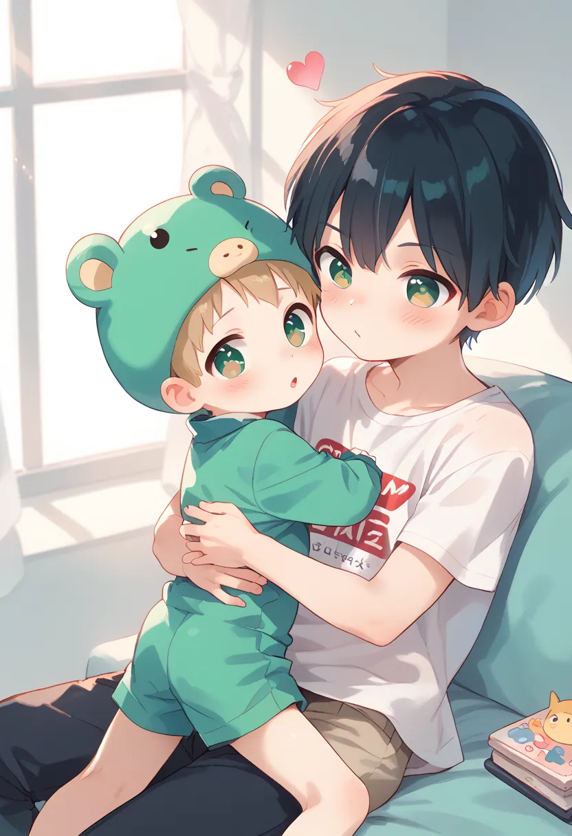 Comic style, comic anime cute boy, black hair, green eyes, slightly blushing, is a primary school boy, baby clothes, dino suit pink, cute face, big eyes, anime drawing style, shota boy size,slim body, boys body, gay, boys love it, man and boy, heart in pup...