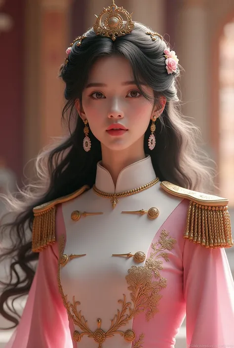 Asian Beautiful princes, long wavy hair, wearing officers formal dress, pink dress wit