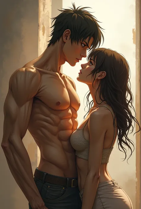  Eren Yeager, 193cm tall . Slim, muscular, shirtless, standing next to a sexy woman the height of his shoulders, the pair were shaking.