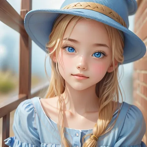 Portrait of a blonde girl in a blue hat and a blue shirt