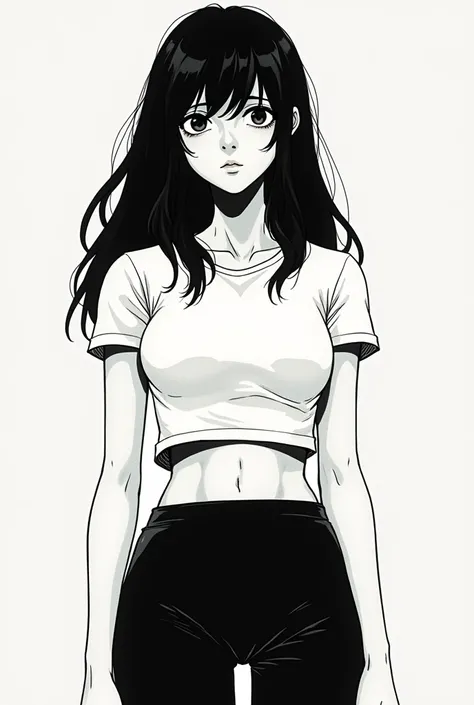 In the style of Junji Ito, Junji ito Manga type image, girl, tight white crop top, black leggings, afraid, medium length hair, long bangs, 