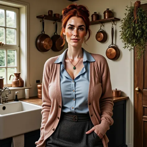 Photorealistic picture featuring a beautiful british woman leaning to a wall in an old kitchen. (Dynamic pose). shes with brown eyes, downturned eye shape. She has high cheekbones and dark eyebrows. She has reddish-brown hair, hair gathered up into a messy...