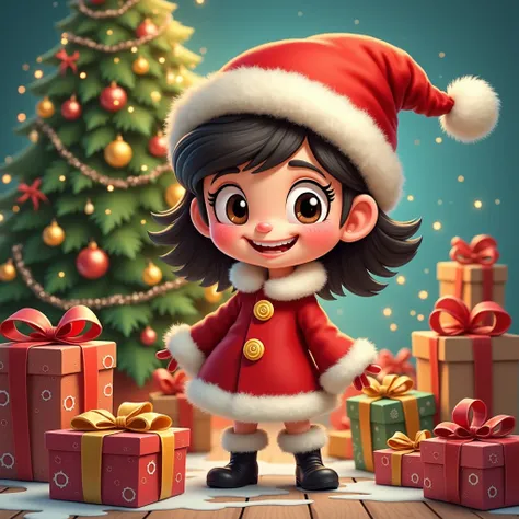 Cartoon style, Girl santa with lots of gifts  and Christmas tree in the background 