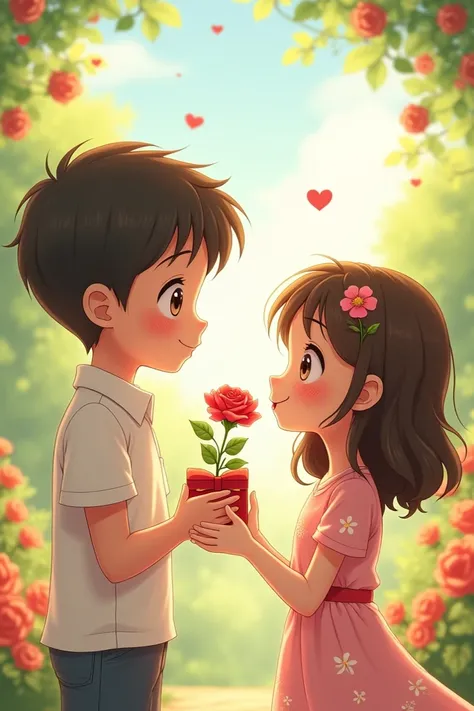 A boy giving rose to a cute girl and chocolate cute anime type 4k quality 