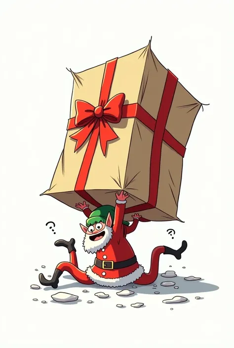 Cartoon of a Santa Claus elf crushed by a giant gift, On white background