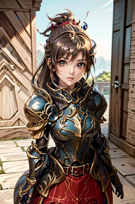 A beautiful girl in armor walking near a lake, anime girl, tiara helmet, armour, (red and black armour:1.3), mountain, big rounds breasts, ponytail, hairclip, hair ribbon, glowing eyes, pupils sparkling, longeyelashes, earrings, blush, intimidating look, g...