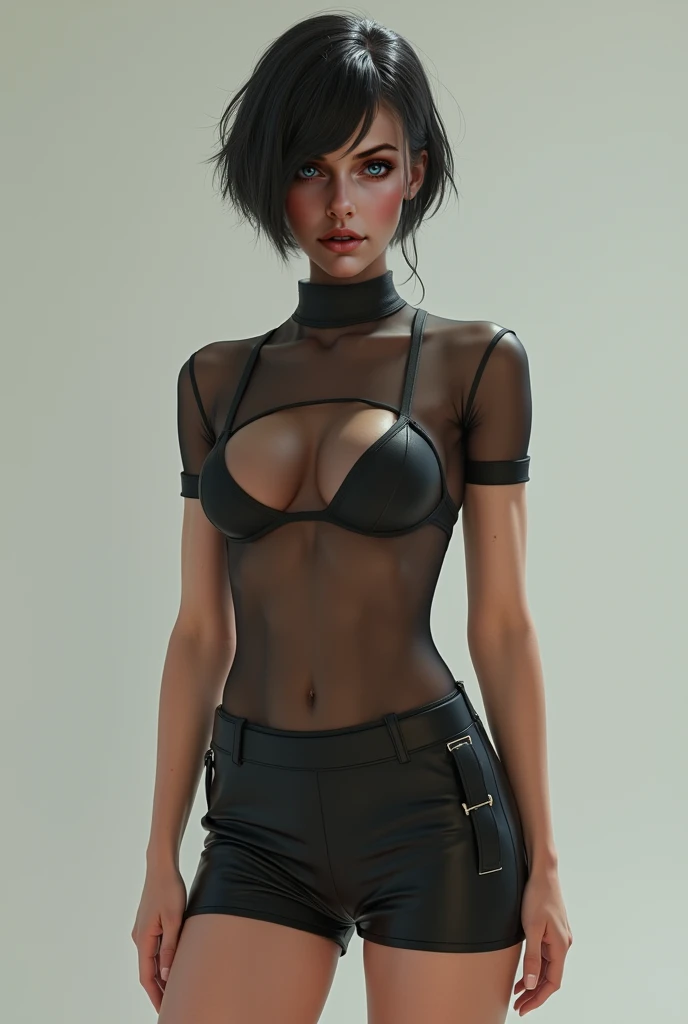 Create the detailed ultra realistic image of a Russian army girl ,  she wears a white glued and transparent top and a mini skirt she is staring straight ahead 