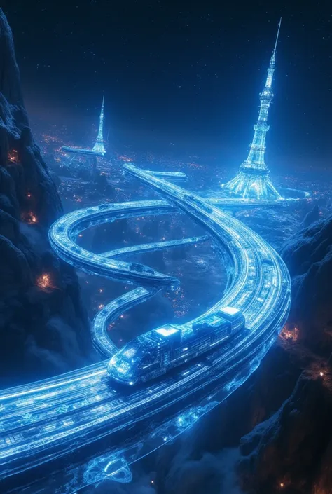 Science Fiction,  actual .  cyberpunk trains spiraling dynamically in outer space in the form of holograms,And it has broken through a number of levels ,  has many beautiful spiral light marks .  Many of the worlds landmarks show the luminous shadows of . ...