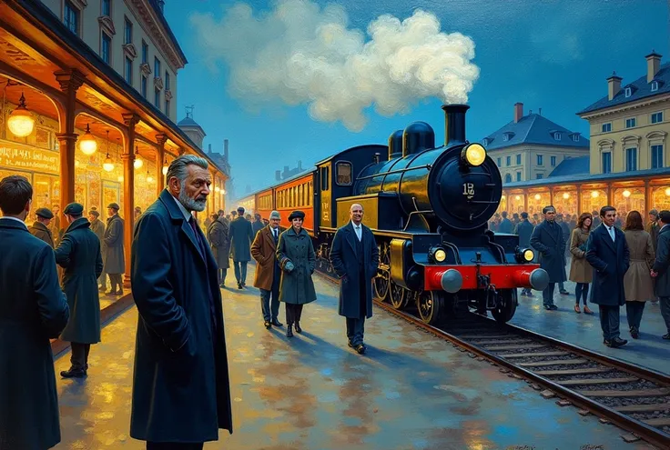 A bustling train station, van Gogh style, with van Gogh himself sighing in the scene, oil painting, extremely detailed, realistic, photorealistic, hyper detailed, 8k, dramatic lighting, cinematic, vivid colors, impasto texture, thick brushstrokes, moody at...