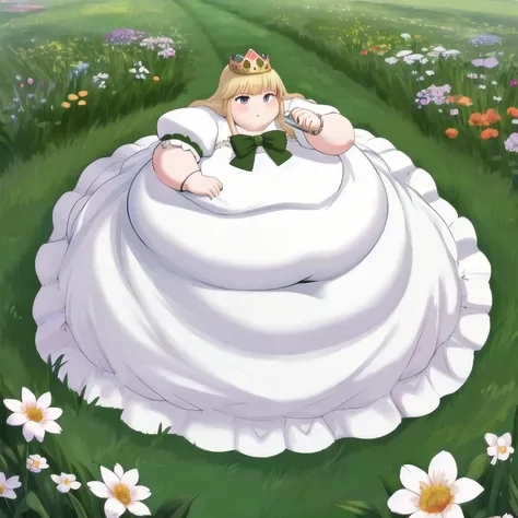 Beautiful Queen, obesity,  very large body , My belly is saggy , Wear a bow ,  white princess dress, full body,
Field and flowers in the background ,
 achromatic ,
masterpiece,  Ultra Hi-Res,  High Quality ,