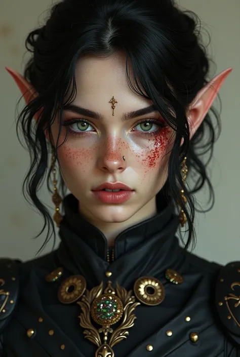 a dark elf with freckles and a dark elf with freckles and green eyes with black wavy hair with a scar on her eyes she is short with black daggers with gold and red ornaments eyes with black wavy hair with a scar on her eyes she is short with black daggers ...