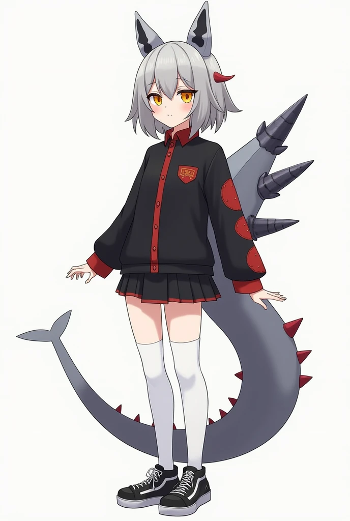 Kirilla is a  Godzilla girl with gray hair with touches of lighter gray on the tips of her hair, her skin was fair and her eyes were yellow with a red pupil, she was wearing a black shirt with long buttoned sleeves and a black jacket with red sleeves and a...