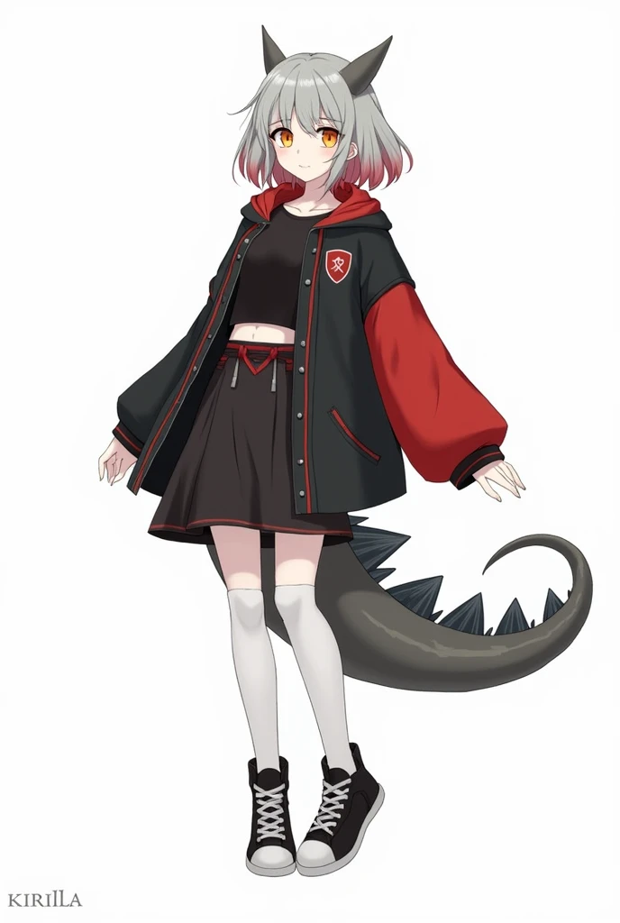 Kirilla is a  Godzilla girl with gray hair with touches of lighter gray on the tips of her hair, her skin was fair and her eyes were yellow with a red pupil, she was wearing a black shirt with long buttoned sleeves and a black jacket with red sleeves and a...