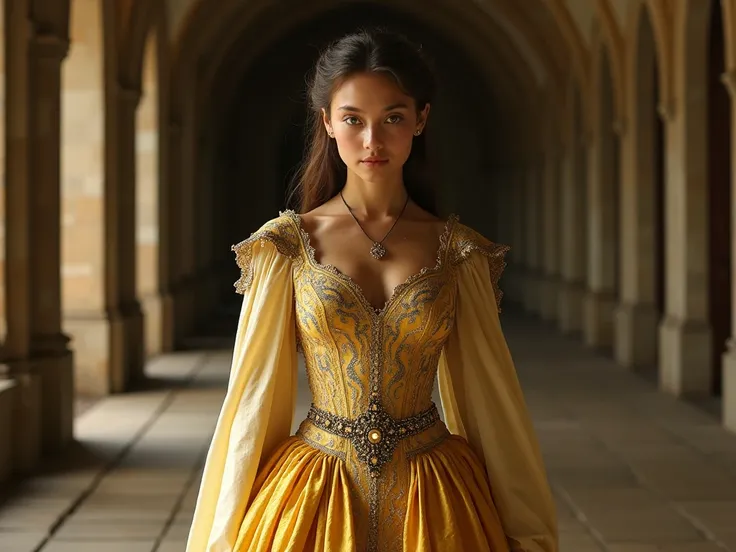  Her dress was a masterpiece of craftsmanship ,  made of a golden and light fabric ,  but adorned with intricate embroidery on silver threads that told stories of kings and queens of their lineage.  Each detail seemed to scream responsibility ,  from the l...