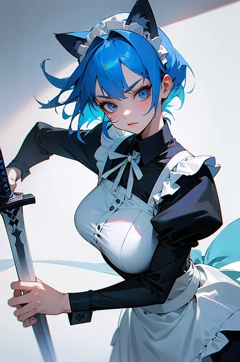 (detailed), Perfect face girl cat blue haired maid holding a black sword