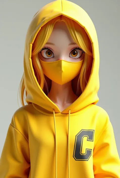 Make a 3d anime girl gamer wearing hoodie and face mask, color yellow with letter C AT THE BACK 