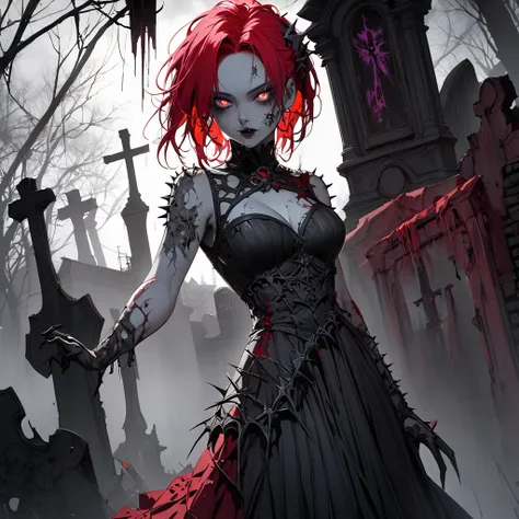 (( best quality )), ((masterpiece)),full body.A stunning anime-style beautiful girl inspired by the Trash zombie from "The Return of the Living Dead." She has pale, almost lifeless skin, giving her an eerie yet captivating appearance. Her eyes are piercing...