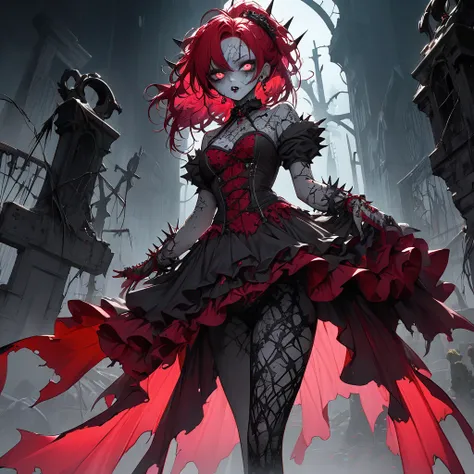 (( best quality )), ((masterpiece)),full body.A stunning anime-style beautiful girl inspired by the Trash zombie from "The Return of the Living Dead." She has pale, almost lifeless skin, giving her an eerie yet captivating appearance. Her eyes are piercing...