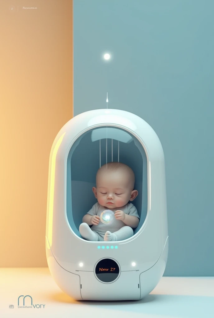 create 3D machine images containing rens pacifier for baby of baby with nano particles and UVC sterilization rays in the machine beige and blue