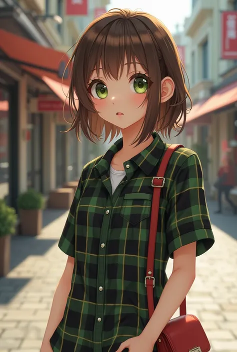 HD realistic, beautiful girl with brown hair, green eyes, short-sleeved checkered button-up shirt in black, green and yellow, white undershirt, small bag, simple buckle, mall background, paping street, full body, back, converse high shoes red top,