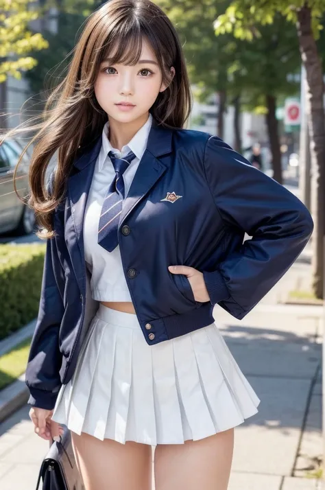  Masterpiece, best quality, 1 girl, Cowboy Shots , Beautiful Young Japanese Girls ,(8 head and body),18 years old,(Bustling downtown scenery:1.2) Ultra Short White Pleated Miniskirt and a woman wearing a dark blue jacket,Japanese high school girl uniform ,...