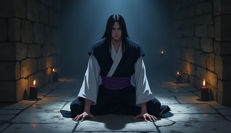 a portrait of a man. resembling a figure in the real live anime version, namely orochimaru, a pose sitting on the ground while bowing his head and hands to the floor, as if issuing an edo tensei technique like orochinaru. this man is wearing black and whit...