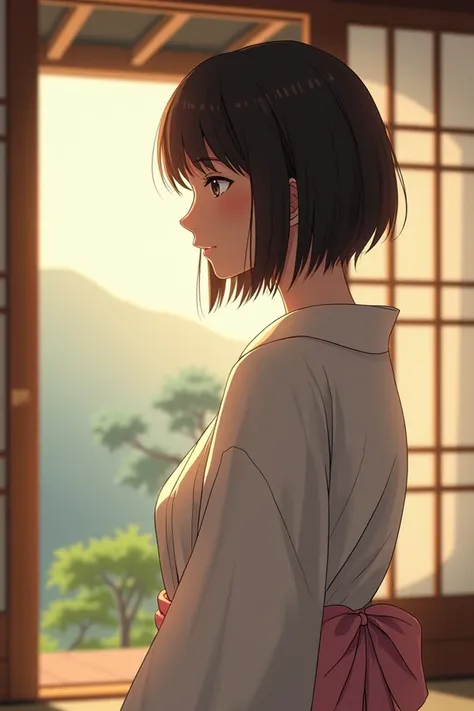 Hairstyle Short Bob、Hair color: Dark brown、160cm、age 30s、bathrobe、ryokan、Strengthened、Rear、sideways Facing、Look at the background、relax