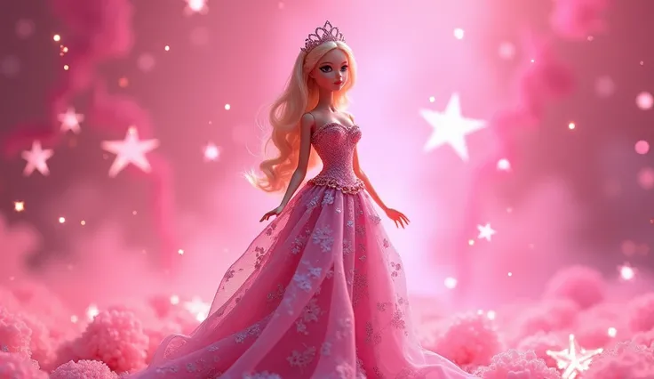 
"एक गुलाबी और चमकीले रंग की पृष्ठभूमि में एक सुंदर गुड़िया (Barbie) खड़ी है, राजकुमारी की तरह तैयार, उसके आसपास चमकते हुए जादुई तारे।"


