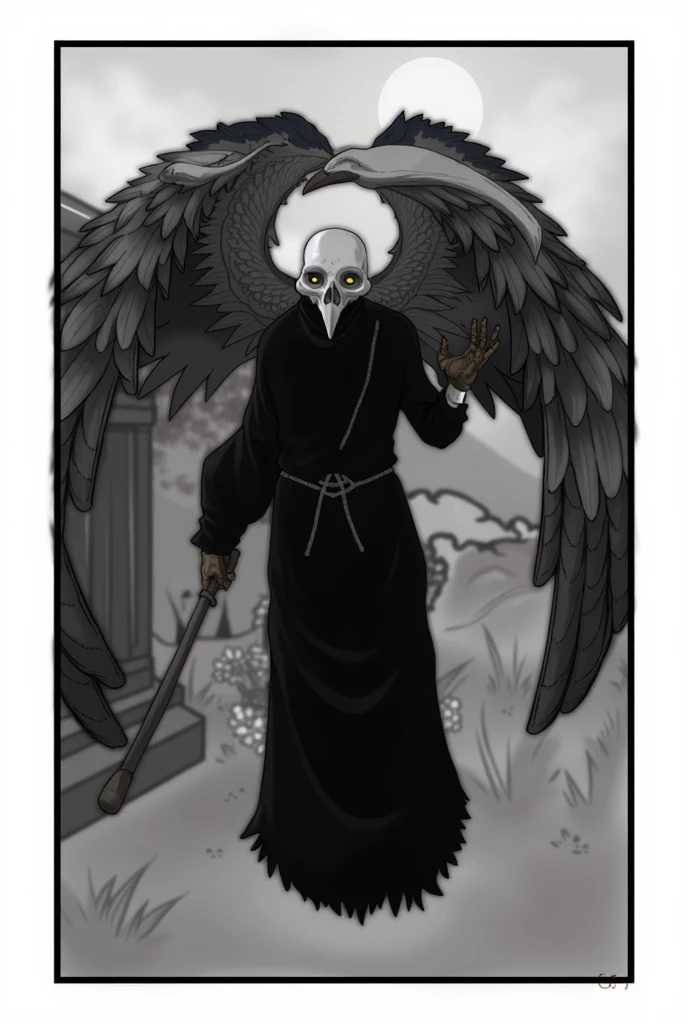 Create a humanoid figure with a raven skull and large feathered wings extended from its back. The figure is dressed in a long black robe and stands in a desolate landscape with sparse vegetation and indistinct structures in the background. In one hand, the...